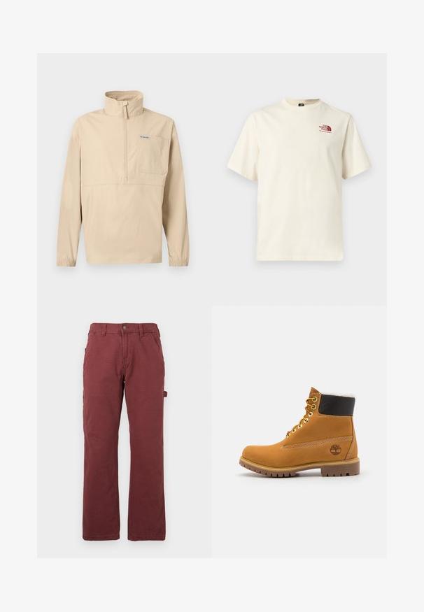 Beiger Langarm-Pullover mit halbem Reißverschluss, hohem Kragen, Brusttasche mit Columbia-Logo und elastischen Bündchen.; Kurzärmeliges off-white T-Shirt mit bordeauxrotem "The North Face"-Logo auf der linken Brust, Rundhalsausschnitt, schlichtes Design.; Herren Arbeitshose im geraden Schnitt in Dunkelrot mit Fronttaschen, Gürtelschlaufen, Knopf, Reißverschluss und einer seitlichen Werkzeugschlaufe.; Braune Leder-Ankle-Boots mit Metallösen, weißem Kunstfellfutter, schwarzem gepolstertem Kragen, robustem Sohlenprofil und geprägtem Logo an der Seite.