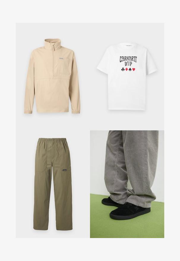 Beiger Langarm-Pullover mit halbem Reißverschluss, hohem Kragen, Brusttasche mit Columbia-Logo und elastischen Bündchen.; Weißes T-Shirt mit kurzen Ärmeln und dem Schriftzug "CARHARTT WIP" sowie vier Spielkartensymbolen (Kreuz, Karo, Pik, Herz) mittig auf der Brust.; Olivgrüne, gerade geschnittene Hose mit elastischem Bund, vorderen aufgesetzten Taschen, Knopfverschluss und Columbia-Logo auf der rechten Tasche.; Schwarze Wildleder-Skate-Schuhe mit strukturiertem Finish und einem Logo, kombiniert mit grauen Cordhosen, die eine gerippte Textur aufweisen. Grüner Fußboden.