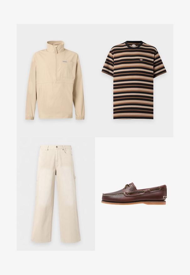 Pull-over beige à manches longues avec demi-fermeture éclair, col montant, poche poitrine avec logo Columbia, et poignets élastiques.; T-shirt à manches courtes avec des rayures horizontales noires, marron et beige, comportant un petit patch logo Dickies sur la poitrine.; Pantalon beige à jambes larges avec poches avant, fermeture par boutons et passants de ceinture, présenté sur un fond blanc uni.; Chaussure bateau en cuir marron avec coutures blanches, détails de lacets et semelle en caoutchouc beige, vue de côté sur fond blanc.