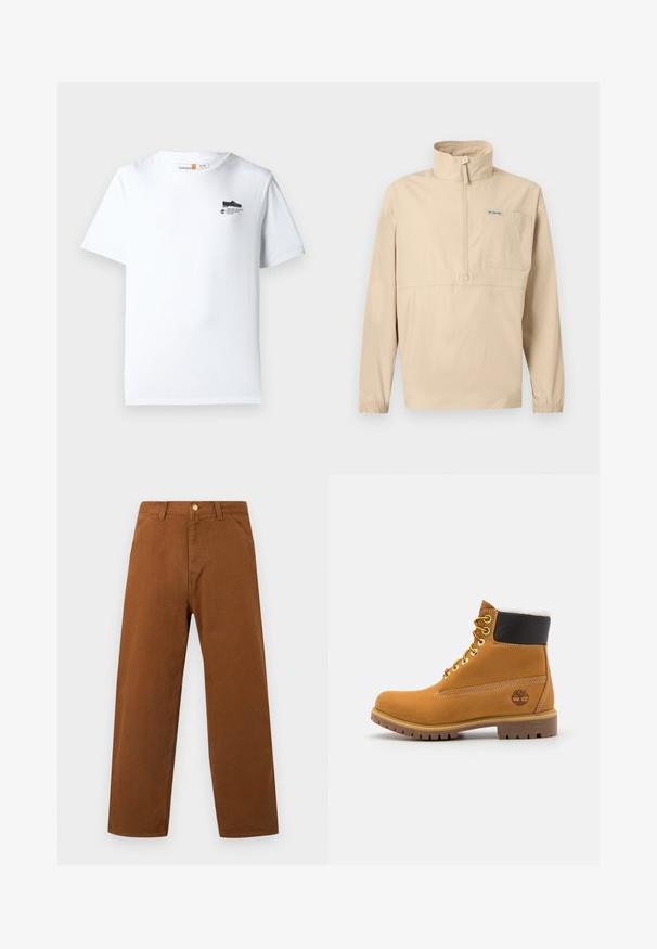 Beige langærmet pullover med halvlukning, høj krave, brystlomme med Columbia-logo og elastiske manchetter.; Hvid bomulds t-shirt med rund hals, korte ærmer og et lille sort grafik på brystet. Blød tekstur og standard pasform.; Brune bukser med lige ben, bæltestropper, forlommer og knaplukning i taljen, vist på en ensfarvet baggrund.; Brune læder ankelstøvle med metaløjer, hvid pelsforing, sort polstret krave, robust sål og præget logo på siden.