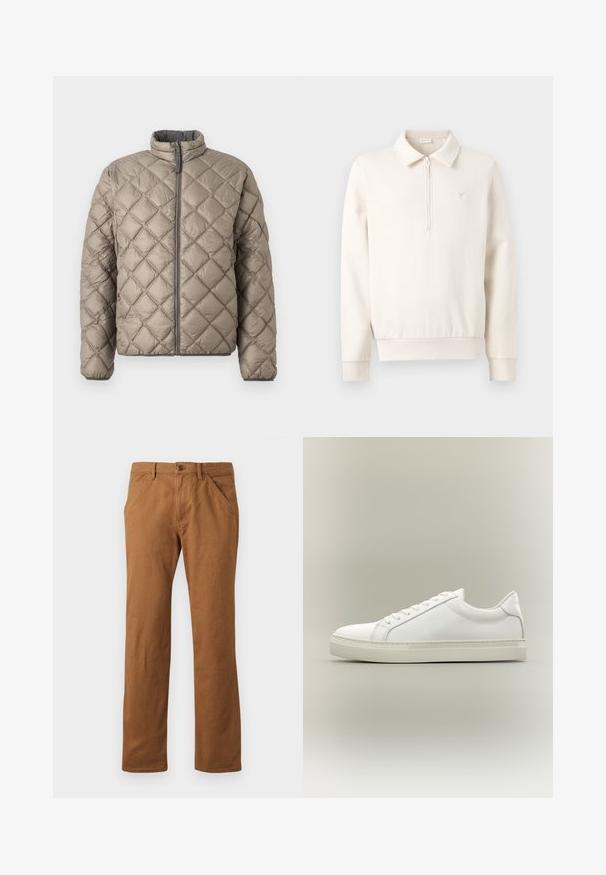 Veste matelassée en beige clair, avec un col montant, une fermeture éclair à l'avant et un motif en diamants texturé sur l'ensemble. Accents gris sur la fermeture éclair.; Pull-over à manches longues couleur crème avec une fermeture éclair quart, un col, des poignets côtelés et un petit logo brodé sur le côté gauche de la poitrine.; Pantalons en coton marron à coupe droite, avec une fermeture à bouton, des poches latérales et une texture lisse. Convient pour une tenue décontractée.; Baskets blanches basses à lacets sur l’avant et semelle épaisse, vues de côté sur un fond neutre.