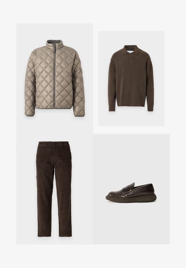 Quiltet jakke i lys beige med høj krave, frontlynlås og struktureret diamantmønster hele vejen igennem. Grå detaljer på lynlåsen.; Brun strikket pullover med kraveudskæring, to-knaps lukning og ribbede manchetter og kant. Blød tekstur, afslappet pasform.; Brune fløjl bukser med lige ben design, der har en frontlukning med knap og standard bæltestropper. Glat tekstur og klassisk snit.; The Antipode COLLEGE PIERCED - Mokkasiner - dark brown