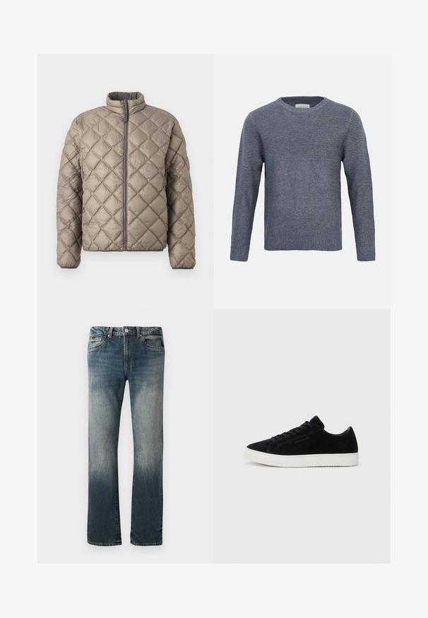Quiltet jakke i lys beige med høj krave, frontlynlås og struktureret diamantmønster hele vejen igennem. Grå detaljer på lynlåsen.; Grå strikket langærmet sweater med ribbet tekstur på øvre bryst, ærmer og solid strik på nedre torso og manchetter, rund halsudskæring.; Herre lige pasform blå denim jeans med falmet vask og fem-lomme design mod en hvid baggrund.; Sorte suede sneakers med lav-top design, rund tå og hvid gummisål. Har sorte snørebånd og minimal branding på siden.