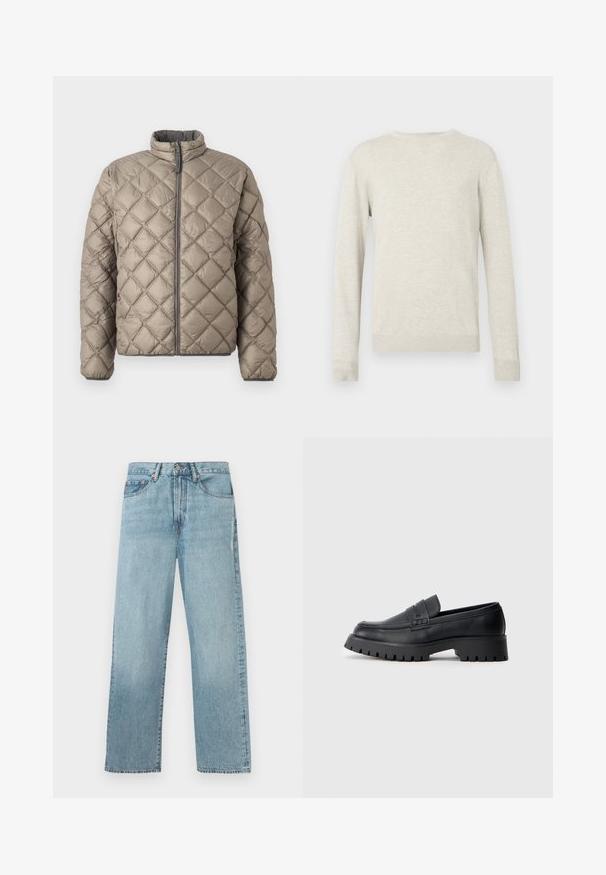 Quiltet jakke i lys beige med høj krave, frontlynlås og struktureret diamantmønster hele vejen igennem. Grå detaljer på lynlåsen.; Beige sweater med lange ærmer og rund halsudskæring, med ribbede manchetter og kant, præsenteret mod en simpel hvid baggrund.; Lyseblå denimjeans med lige ben, fem lomme-design og knaplukning i taljen.; Sorte læder loafers med en rund tå, prydet med en dekorativ rem og en kraftig gummisål med dybe riller for grip.