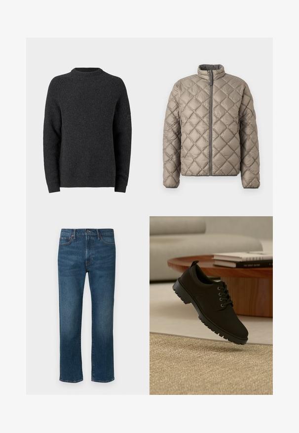 Veste matelassée en beige clair, avec un col montant, une fermeture éclair à l'avant et un motif en diamants texturé sur l'ensemble. Accents gris sur la fermeture éclair.; Pull gris foncé en maille avec une texture côtelée, col rond et manches longues. Présente une petite étiquette sur la manche gauche.; Jean en denim bleu foncé avec une coupe droite, comprenant cinq poches et un subtil détail de couture orange. Le matériau a une finition légèrement texturée.; Chaussure noire en cuir à lacets avec semelle épaisse flottant au-dessus d'un tapis beige dans un salon minimaliste.