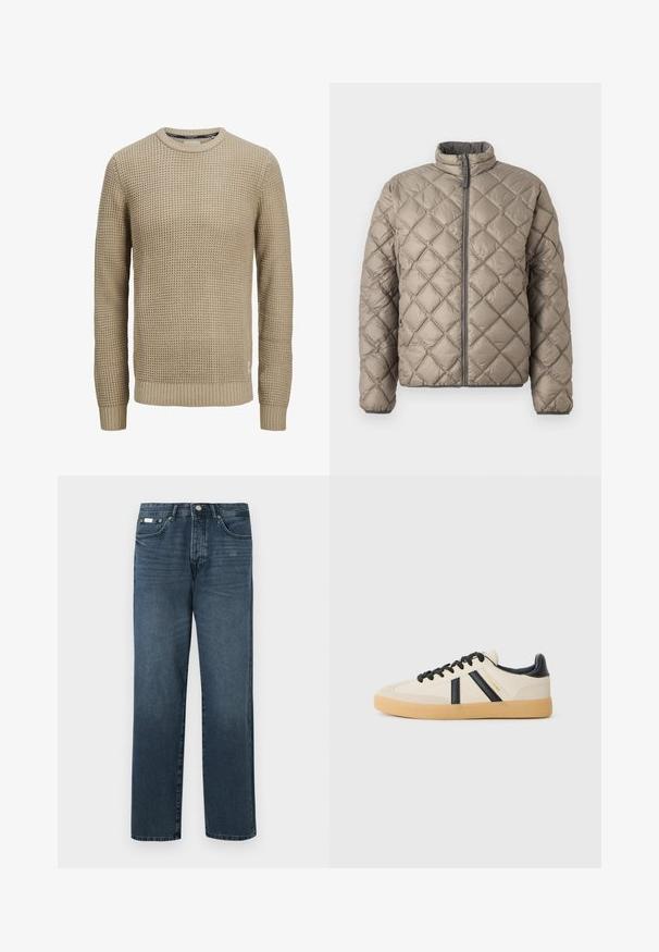 Quiltet jakke i lys beige med høj krave, frontlynlås og struktureret diamantmønster hele vejen igennem. Grå detaljer på lynlåsen.; Beige langærmet strikket sweater med tekstureret vaffelmønster, rund halsudskæring samt ribstrikkede manchetter og kant.; Mørkeblå denimbukser med lige pasform, fem lommer, bæltestropper og lynlås. Glat tekstur med subtile blegede detaljer.; Casual sneakers i creme med sorte striber, med en tekstureret overdel og sål i gummigummi. Snørebåndene er sorte. Diskret logo på siden.