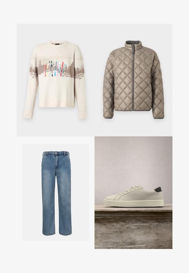 Veste matelassée en beige clair, avec un col montant, une fermeture éclair à l'avant et un motif en diamants texturé sur l'ensemble. Accents gris sur la fermeture éclair.; Pull en tricot crème avec motif de montagnes et forêt marron et skis brodés colorés sur la poitrine.; Jean en denim bleu à jambes droites, avec bouton frontal, fermeture éclair et passants pour ceinture, sur un fond neutre.; Baskets blanches avec semelle texturée et détail noir au talon, flottant au-dessus d'un banc en bois avec de hautes herbes vertes en arrière-plan.