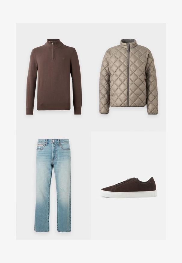 Quiltet jakke i lys beige med høj krave, frontlynlås og struktureret diamantmønster hele vejen igennem. Grå detaljer på lynlåsen.; Brun strikket pullover med høj krave og kvart lynlås. Har ribbet manchetter og nederkant, samt et lille logo på brystet.; Lyseblå denim med lige ben, der har en falmet effekt og en lille distressed detalje. Har en traditionel fem-lomme-design og en talje med mellemhøjde.; Mørkebrune ruskind lave sneakers med matchende snørebånd og tyk hvid gummisål, vist fra siden på en ensfarvet baggrund.