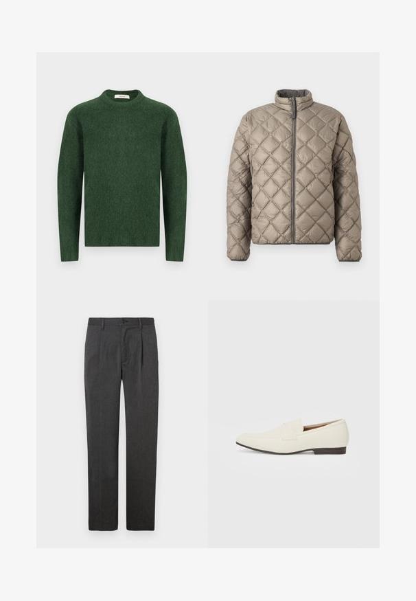 Quiltet jakke i lys beige med høj krave, frontlynlås og struktureret diamantmønster hele vejen igennem. Grå detaljer på lynlåsen.; Grøn strikket sweater med rund halsudskæring, lange ærmer og en tekstureret stof. Simpelt design, ingen synlige mønstre eller accenter.; Grå skræddersyede bukser med lige ben, der har en frontfold, lynlås og knaplukning. Glat tekstur, klassisk design.; Lys beige loafers med spids tå, glat materiale, en rem over vampen og en lav brun sål. Simpelt design med minimale detaljer.