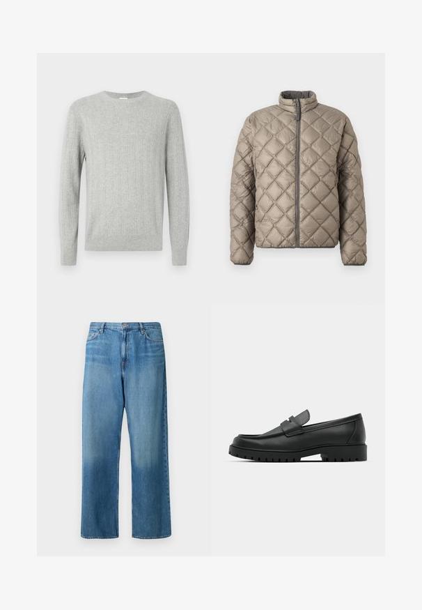 Veste matelassée en beige clair, avec un col montant, une fermeture éclair à l'avant et un motif en diamants texturé sur l'ensemble. Accents gris sur la fermeture éclair.; Pull tricoté gris clair avec texture côtelée, col ras du cou et manches longues. Design simple, avec ourlet droit et matériau durable.; Jean large en denim bleu clair. Présente une taille mi-haute, un design à cinq poches et un effet délavé avec des coutures visibles.; Mocassins en cuir noir à bout arrondi, avec un design cousu, une semelle plateforme basse et une semelle en caoutchouc texturée et crantée.