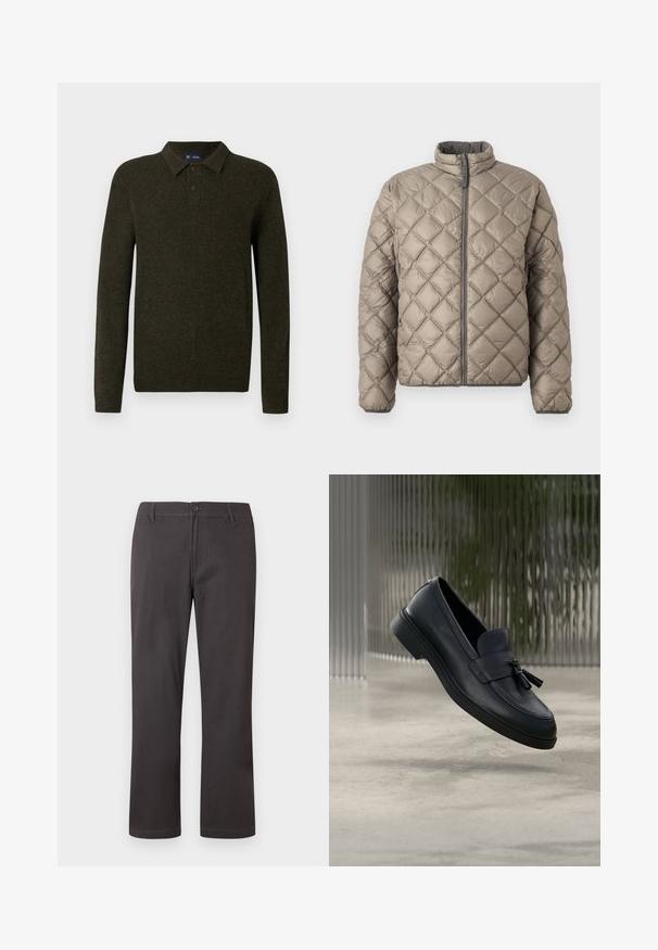 Quiltet jakke i lys beige med høj krave, frontlynlås og struktureret diamantmønster hele vejen igennem. Grå detaljer på lynlåsen.; Grøn langærmet polo sweater med struktureret finish, to knaplukninger og ribstrikkede manchetter. Enkel, klassisk design der er velegnet til afslappet brug.; Mørkegrå bukser med lige ben, knappelukning, bæltestropper og diskret frontsyning på hvid baggrund.; Sorte læderloafers med en glat tekstur, en rundet tå og dekorative kvaster foran. Fleksibel gummisål med lav hæl.