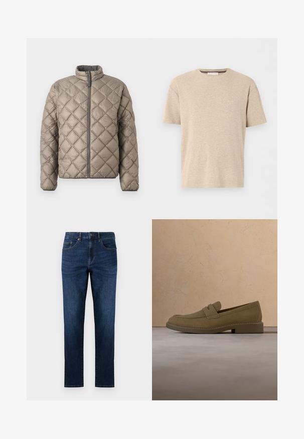 Quilted-Jacke in hellem Beige mit hohem Kragen, durchgehendem Reißverschluss und strukturiertem Rautenmuster. Graue Akzente am Reißverschluss.; Beiges kurzärmeliges Baumwoll-T-Shirt mit Rundhalsausschnitt und subtiler horizontaler Textur, auf weißem Hintergrund dargestellt.; Dunkelblaue Jeans aus Denim mit geradem Bein, fünf Taschen, gestickten Details und einem klassischen Knopfverschluss.; Brauner Wildleder-Slipper schwebt über einem strukturierten beigen Teppich in einem Wohnzimmer mit einem Holz-Couchtisch und gestapelten Büchern.