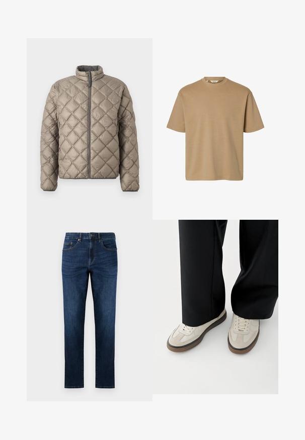 Quilted-Jacke in hellem Beige mit hohem Kragen, durchgehendem Reißverschluss und strukturiertem Rautenmuster. Graue Akzente am Reißverschluss.; Kurzärmeliges T-Shirt mit Rundhalsausschnitt und lockerer Passform, schlichtem Design, dargestellt vor weißem Hintergrund.; Dunkelblaue Jeans aus Denim mit geradem Bein, fünf Taschen, gestickten Details und einem klassischen Knopfverschluss.; Füße mit beigen Sneakers mit braunen Sohlen und schwarzen Hosen mit weitem Bein auf weißem Hintergrund.