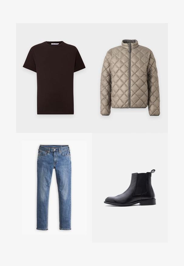 Veste matelassée en beige clair, avec un col montant, une fermeture éclair à l'avant et un motif en diamants texturé sur l'ensemble. Accents gris sur la fermeture éclair.; T-shirt en coton noir avec un col rond, des manches courtes et un ourlet droit. Texture lisse, design décontracté et sans logos ni motifs visibles.; Jean en denim bleu slim fit avec cinq poches et fermeture à bouton, présentant un léger dégradé sur les cuisses et les genoux, exposé sur fond blanc.; Botte Chelsea en cuir noir avec panneau latéral élastique, languette de traction au talon, petit talon bloc et bout arrondi lisse sur fond blanc.