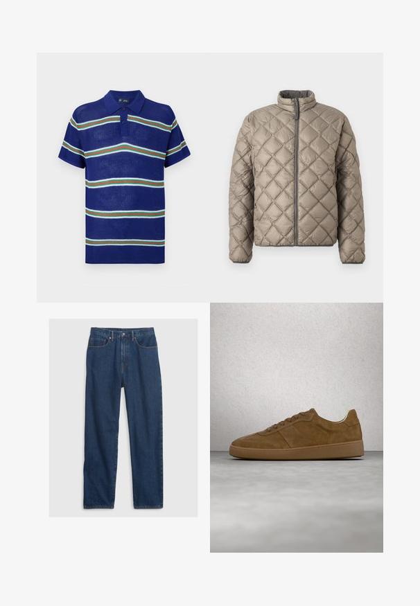 Quilted-Jacke in hellem Beige mit hohem Kragen, durchgehendem Reißverschluss und strukturiertem Rautenmuster. Graue Akzente am Reißverschluss.; Blaues gestricktes Poloshirt mit kurzen Ärmeln, das horizontale Streifen in Weiß, Grün und Rot sowie eine Knopfleiste mit drei Knöpfen aufweist.; Dunkelblaue Jeans aus Denim im geraden Schnitt, mit Fünf-Taschen-Design, Knopfverschluss und Kupfernieten.; Brauner Veloursleder-Sneaker mit hellbraunen Schnürsenkeln und Gummisohle. Verfügt über eine abgerundete Zehenpartie und gestickte Details am Obermaterial. Leichtes Design.