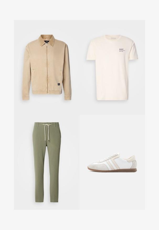 Beige, lichtgewicht jacket met een kraag, voorkant met rits en zijzakken. Bevat een klein merklabel aan de zoom. Gladde textuur.; Crème-kleurige katoenen t-shirt met een ronde hals, korte mouwen en een kleine marineblauwe opdruk op de borst met de tekst "GANT 32 EAST 39TH ST. NEW YORK."; Groene geribde broek met een trekkoord in de taille, met een fijne textuur en taps toelopende pijpen. Subtiele zilveren details op de uiteinden van het trekkoord.; Laag uitgesneden witte en beige sneaker met suèdelook accenten, veterluiting en bruine rubberen zool, zijaanzicht op een effen achtergrond.