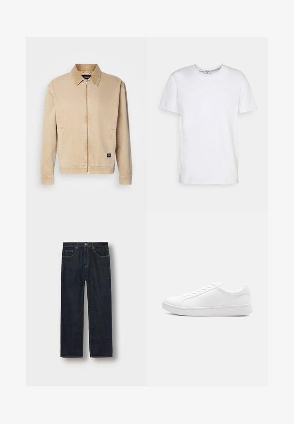 Beige, lichtgewicht jacket met een kraag, voorkant met rits en zijzakken. Bevat een klein merklabel aan de zoom. Gladde textuur.; Witte t-shirt met korte mouwen, gemaakt van katoen. Heeft een ronde halslijn en een comfortabele pasvorm zonder zichtbare patronen of accessoires.; Donkerblauwe straight-leg jeans van denimstof, met riemlussen, voorkanten en contrasterende stiksels. Minimalistisch ontwerp zonder versieringen.; Witte lage sneaker met veterluiting, glad leren bovenwerk en dikke rubberen zool, zijaanzicht op een effen achtergrond.