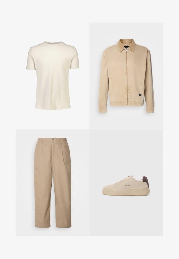 Beige, letvægtsjakke med krave, frontlynlås og sidelommer. Har et lille mærke på sømmen. Glat tekstur.; Kortærmet T-shirt i lyse beige, lavet af blødt bomuld. Har en rund halsudskæring og en glat tekstur uden mønstre eller grafik.; Beige, lette bomuldsbukser med plisset front, knaplukning og lige ben, der har en glat tekstur og ingen synlige mønstre.; Beige ruskind sneakers med rund tå, snørret foran og en brun ruskindsdetalje på hælen. Har en tekstureret gummisål.