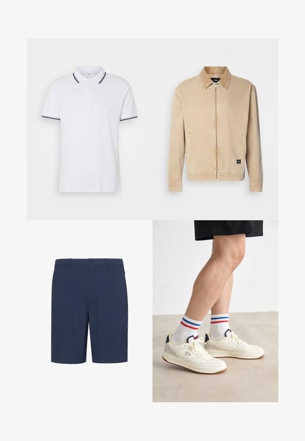 Veste beige légère avec un col, fermeture à glissière sur le devant et poches latérales. Présente une petite étiquette de marque sur l'ourlet. Texture lisse.; Polo shirt blanc en coton avec col, patte de boutonnage à trois boutons et accents rayés bleu marine et blanc sur les manches.; Shorts bleu marine en tissu léger, dotés d'un devant plat, de passants pour ceinture et d'une fermeture à bouton, adaptés à une tenue décontractée.; Baskets en cuir blanc avec des panneaux perforés sur les côtés, des accents beiges et des semelles en caoutchouc marron, associées à des chaussettes blanches avec des rayures rouges et bleues.