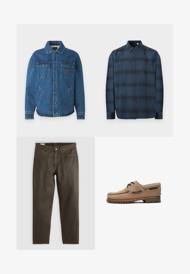 Blaue Jeansjacke mit zwei knopfgeknöpften Brusttaschen, Seitentaschen, einem Kragen und Metall-Druckknöpfen vorne.; Blaues Hemd mit Knöpfen, langen Ärmeln, dezentem dunklem Karomuster, einer einzigen Brusttasche und einem Knopfkragen.; Dunkelgrüne Denim-Jeans mit geradem Schnitt, ausgestattet mit kupferfarbenen Nähten, einem klassischen Fünf-Taschen-Design und einem Knopfverschluss.; Beiger Wildleder-Bootsschuh mit Schnürung, robusten Sohlen, Leder-Schnürsenkeln und gepolstertem Kragen, mit Timberland-Logo an der Seite.
