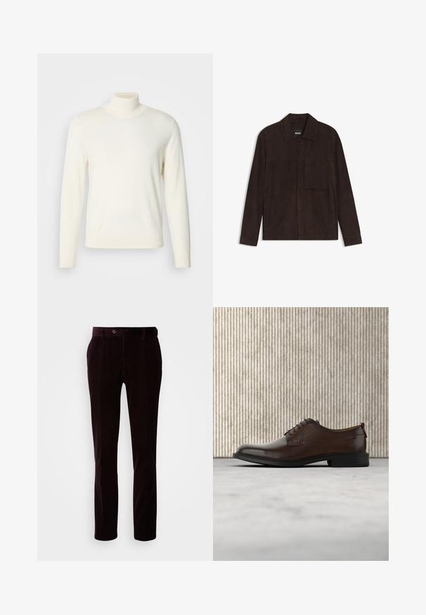 Mørkebrun ruskindsjakke med krave, forreste trykknapper, lange ærmer og en firkantet brystlomme på venstre side.; Lys cremefarvet turtleneck sweater lavet af blødt stof, med lange ærmer og en tætsiddende silhuet, uden synlige mønstre eller udsmykninger.; Kordfløjlsbukser i mørkebrunt med smal pasform, subtile lodrette ribbede detaljer, knaplukning og standardlommer på hver side.; Brun lædersko med snørebånd, der svæver over beige tæppe med sløret, brunt rundt møbel i baggrunden.