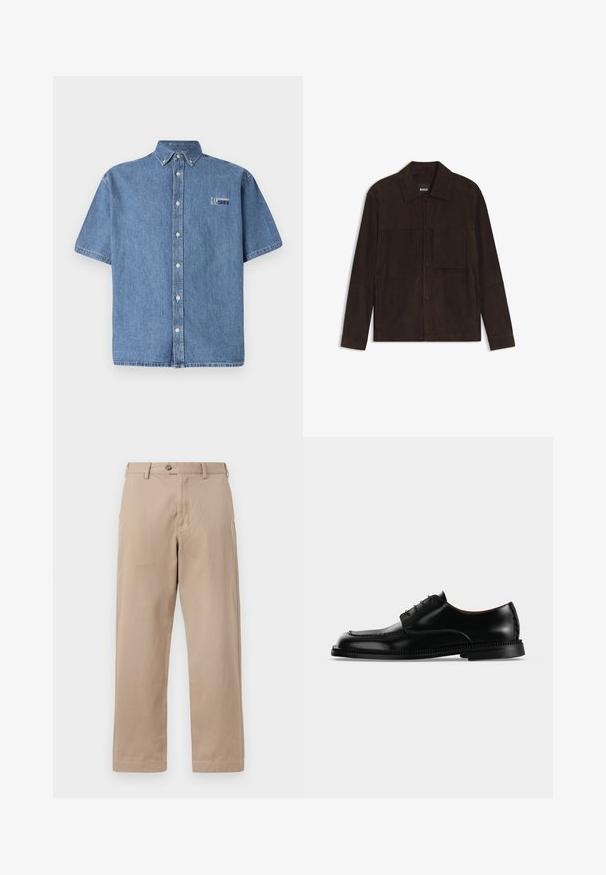 Chaqueta de ante marrón oscuro con cuello, botones a presión delanteros, mangas largas y un bolsillo cuadrado en el pecho en el lado izquierdo.; Camisa de mezclilla de manga corta en azul claro. Cuenta con un cuello abotonado y botones en la parte frontal. Incluye un logo gráfico en el área del pecho izquierdo.; Pantalones chinos beiges hechos de algodón ligero, con cierre de cremallera y botón, y un diseño de pierna recta con bolsillos frontales.; Zapato de vestir negro brillante de cuero con cordones y suela gruesa detallada, mostrado desde el lado derecho sobre un fondo claro y liso.