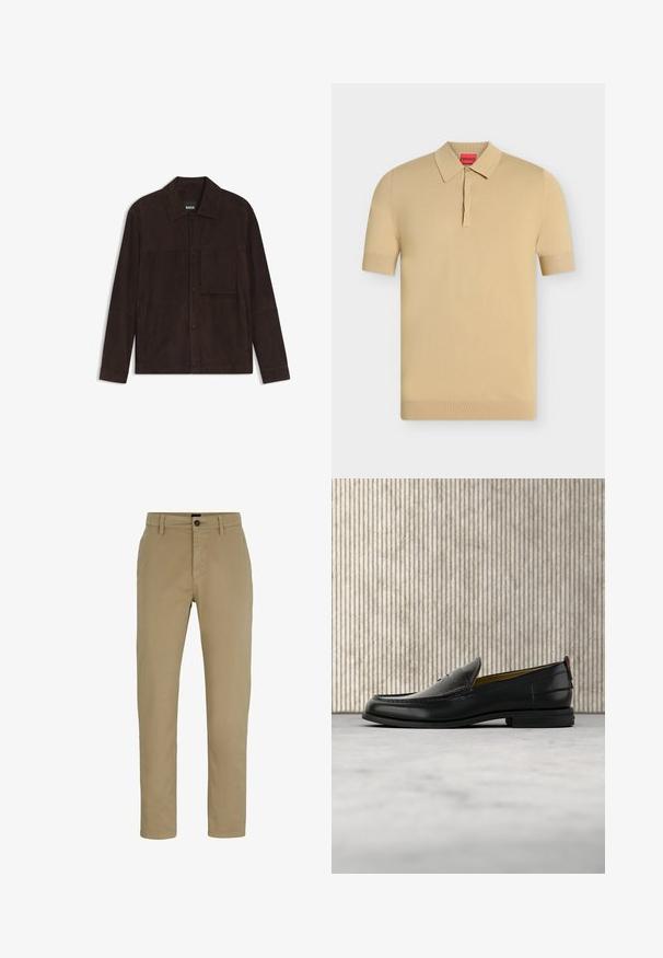 Donkerbruine suède jas met kraag, voorste drukknopen, lange mouwen en een vierkante borstzak aan de linkerkant.; Beige poloshirt met korte mouwen, een kraag en een korte knopenlijst, met een rood binnenlabel met de merknaam Hugo.; Beige katoenen chinos met een slim fit, platte voorkant en een knoopsluiting. Voorzien van ceintuurlussen en zijzakken voor functionaliteit.; Zwarte leren herenslipper met een krokodillen-embossed voorblad en een lage hak, zij-aanzicht op een neutrale achtergrond.