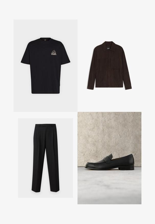 Veste en daim marron foncé avec col, boutons-pression à l'avant, manches longues et une poche carrée sur la poitrine côté gauche.; T-shirt noir à manches courtes avec un petit motif triangulaire blanc et gris et le texte "BOSS" sur la poitrine gauche.; Pantalon noir sur mesure avec jambes droites, plis à la taille, passants de ceinture et poches latérales fendues, présenté sur un fond uni.; Mocassin en cuir noir flottant au-dessus d'un tapis beige avec une table ronde brune brillante en arrière-plan.