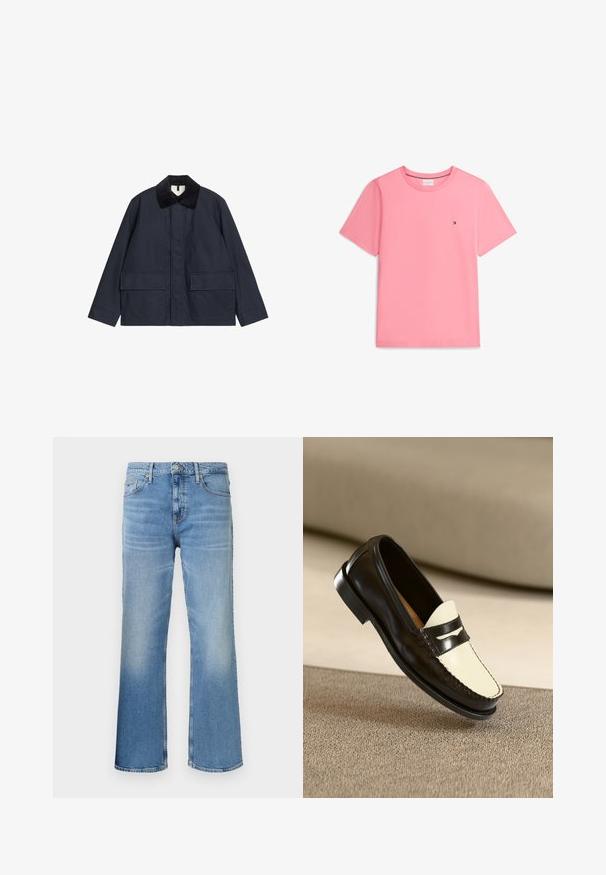 Marineblauwe jas met zwarte corduroy kraag, voorzakken met klep, lange mouwen en verborgen knoopsluiting.; Effen roze T-shirt met korte mouwen en ronde hals met klein Tommy Hilfiger-logo op de linkerborst.; Lichtblauwe denim jeans met een rechte pijpdesign. Heeft vervaagde accenten, vijf zakken en een sluiting met een knoop en rits aan de voorkant.; Zwarte leren instapper met een crèmekleurige bovenkant en zwarte accentstrepen, kenmerkend door een lage hak en gedetailleerde stiksels langs de randen.