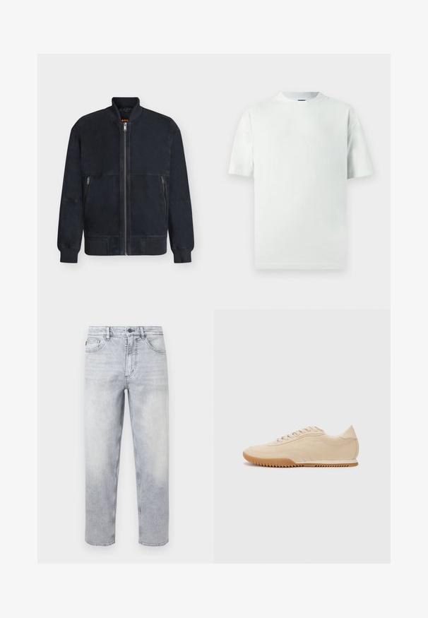 Veste bomber noire avec col, poignets et ourlet côtelés, fermeture éclair à l'avant et deux poches latérales zippées.; T-shirt en coton vert clair avec coupe décontractée, manches courtes et col rond côtelé. Sans motifs ni accents supplémentaires.; Jean en denim gris clair délavé pierre avec fermeture par bouton et fermeture éclair, poches avant et arrière, coupe droite.; Baskets en daim beige au design épuré, présentant une tige texturée, un bout rond et une semelle en caoutchouc avec un motif en zigzag.
