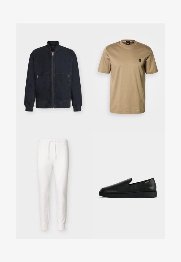 Veste bomber noire avec col, poignets et ourlet côtelés, fermeture éclair à l'avant et deux poches latérales zippées.; T-shirt à manches courtes couleur fauve, en coton, avec un col rond et un petit logo noir sur la poitrine gauche. Texture lisse, coupe décontractée.; Pantalon jogger blanc à coupe slim avec taille élastique et cordon de serrage, poignets côtelés aux chevilles, présenté sur un fond uni.; Chaussure noire en cuir à enfiler avec semelle épaisse et marquage "HUGO" en or près du talon sur un fond uni gris clair.