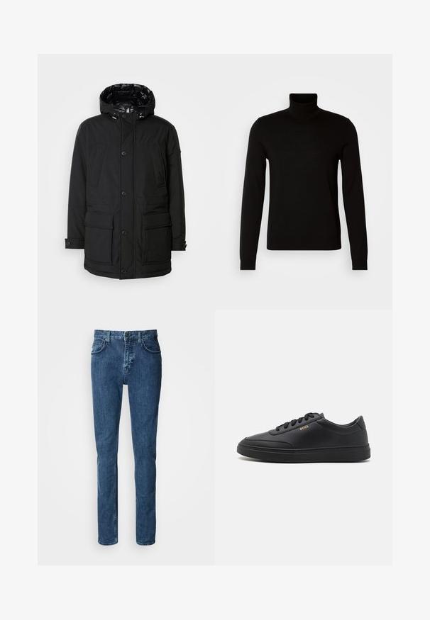 Parka negra con capucha, que cuenta con múltiples bolsillos frontales, cierre de botón y un exterior texturizado. Forrada con material brillante.; Suéter negro de cuello alto confeccionado en un tejido de punto fino, con mangas largas y una silueta ajustada. Textura suave con puños acanalados.; Vaqueros de mezclilla azul oscuro con corte recto, que incluyen bolsillos frontales, una cremallera y detalles de costura sutil.; Zapatillas de cuero negro con una textura suave, punta redondeada, suela plana de goma y cordones a tono. Presentan el logotipo dorado "BOSS" en el lateral.