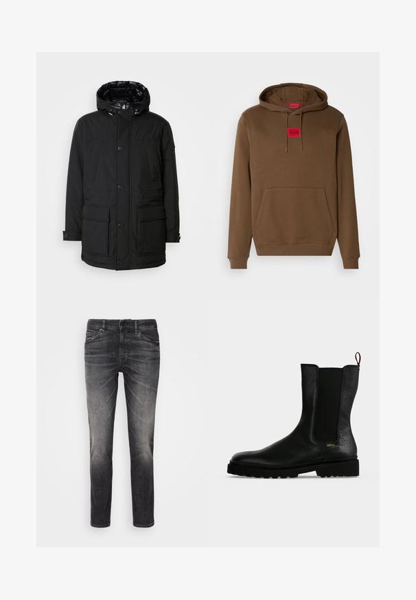 Schwarze Parkajacke mit Kapuze, ausgestattet mit mehreren Fronttaschen, einer Knopfleiste und einer strukturierten Außenseite. Gefüttert mit glänzendem Material.; Brauner Hoodie mit verstellbarem Kapuzenzug, einer Front-Kängurutasche und einem roten rechteckigen Etikett mit "HUGO", das zentral auf der Brust platziert ist.; Schwarze Jeans aus Denim mit einem verblassten Finish, Fünf-Taschen-Design, Knopfverschluss, geradem Bein und sichtbaren Nähte.; Schwarzer Leder-Stiefelette mit elastischem Seitenteil, grober Sohle und Zuglasche hinten, mit kleinem goldenem "Hugo" Logo nahe der Ferse.