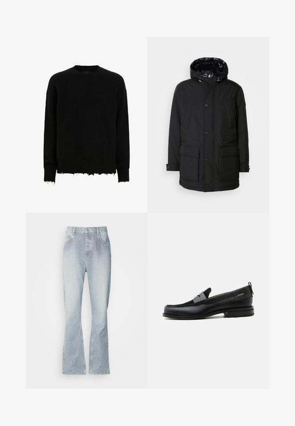 Sort parkajakke med hætte, der har flere frontlommer, knaplukning og en struktureret overflade. Foret med skinnende materiale.; Sort langærmet crewneck sweater med frynsede kanter på ærmer og nederste kant, lavet af et fuzzy strikket stof.; Lyseblå denimjeans med lodrette hvide striber, bred ben-design, fem-lomme-stil og rå kant afslutning forneden.; Sort læderloafer med grå remdetalje, lav hæl og tekstureret sål, mærket med "HUGO" i guld på siden.