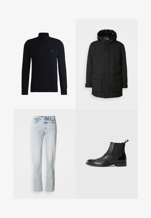 Schwarze Parkajacke mit Kapuze, ausgestattet mit mehreren Fronttaschen, einer Knopfleiste und einer strukturierten Außenseite. Gefüttert mit glänzendem Material.; Marineblauer Rollkragenpullover aus weichem Strickmaterial, mit langen Ärmeln und einem gerippten Kragen. Enthält ein quadratisches Logo-Patch auf der Brust.; Hellblaue Jeans aus Denim mit geradem Schnitt, verwaschener Textur, einem Fünf-Taschen-Design und einem klassischen Knopfverschluss in der Taille.; Schwarze Leder-Stiefelette mit elastischen Seiteneinsätzen, abgerundeter Zehenpartie und einem Zugschlauf. Glatte Textur, flache Sohle, minimalistisches Design.