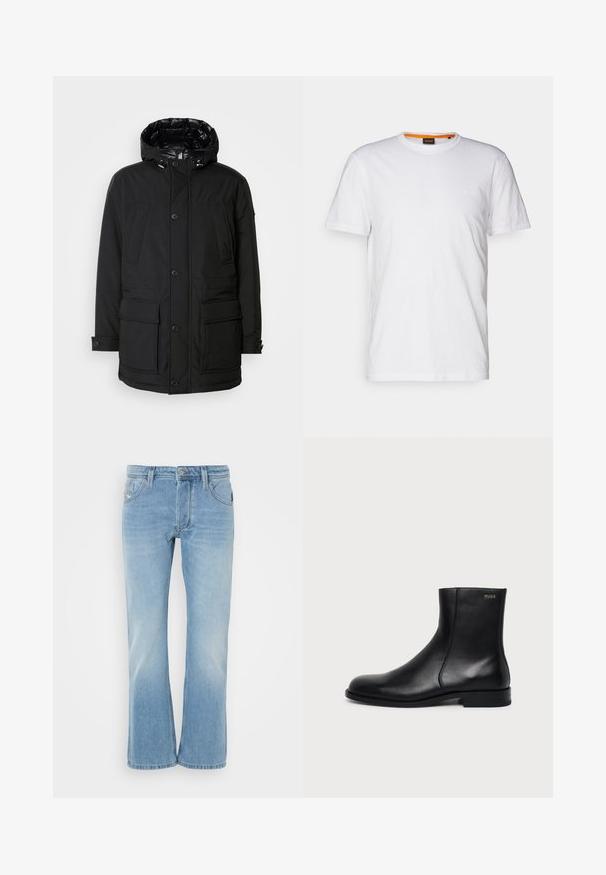 Schwarze Parkajacke mit Kapuze, ausgestattet mit mehreren Fronttaschen, einer Knopfleiste und einer strukturierten Außenseite. Gefüttert mit glänzendem Material.; Weißes Baumwoll-T-Shirt mit Rundhalsausschnitt, kurzen Ärmeln und einem dezenten geprägten Logo auf der Brust. Das Innenschild hat einen orangefarbenen Akzent.; Hellblaue Denim-Jeans im Weitbein-Design mit Taschen, Knopfverschluss und subtilen Ausbleichungen für einen getragenen Effekt.; Schwarzer Leder-Knöchelstiefel mit niedrigem Absatz, seitlicher Naht und kleinem "HUGO" Logo am oberen Schaft vor einfarbigem Hintergrund.