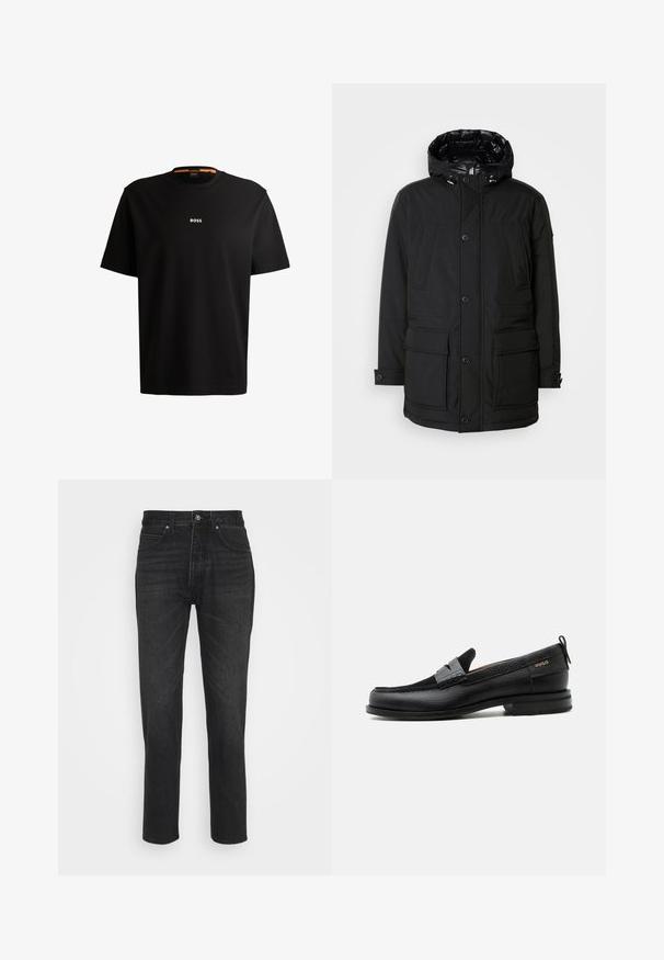 Sort parkajakke med hætte, der har flere frontlommer, knaplukning og en struktureret overflade. Foret med skinnende materiale.; Sort bomulds t-shirt med rund halsudskæring, korte ærmer og hvid "BOSS" logo centreret på brystet. Glat tekstur, afslappet pasform.; Sorte denimjeans med et lige ben-design, der har fem lommer, knaplukning og subtile syninger.; Sort læderloafer med grå remdetalje, lav hæl og tekstureret sål, mærket med "HUGO" i guld på siden.