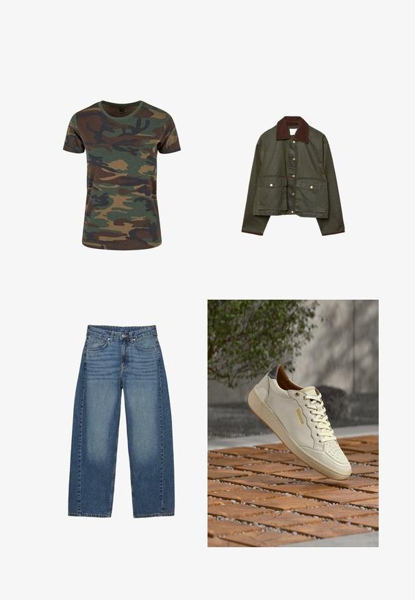 Olivengrøn cropped jakke med brunt fløjlskrage og manchetter, frontknapper med trykknap og to store frontlommer med klap.; Kamuflage T-shirt i grøn, brun og sort. Kortærmet, rund halsudskæring, blød tekstur og klassisk pasform med et mønster af organiske former.; Bredde ben blå jeans lavet af denim, med et klassisk fem-lomme design, i en falmet vask og tonede syninger.; Hvid lædersneaker med gyldent logo, perforeret tå og beige ydersål. Har navy blå detalje ved hælen og flade hvide snørebånd.