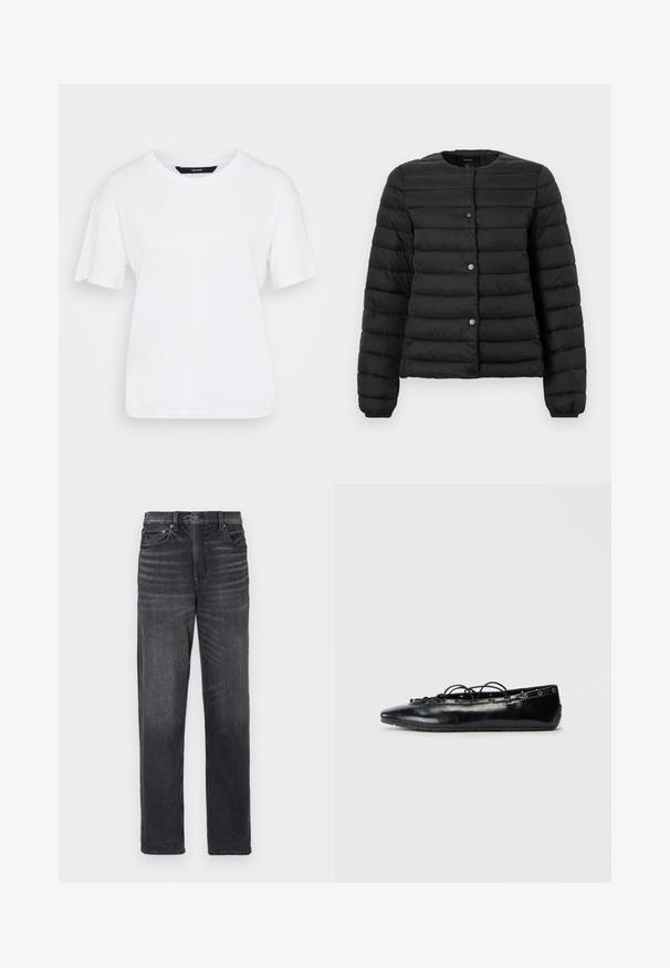 Chaqueta acolchada negra con secciones de costura horizontal, cierre de botones a presión y puños acanalados. Tejido suave y liso con una sensación ligera.; Camiseta blanca de manga corta hecha de algodón. Presenta un escote redondo y un corte relajado, con un diseño sencillo y sin patrones ni acentos visibles.; Vaqueros de mezclilla negra con un diseño de pierna recta, que cuentan con bolsillos frontales, un cierre de botón y un ligero desgaste.; Zapato plano negro con puntera afilada y cordones en el frente, con detalles de ojetes a lo largo de los bordes, exhibido sobre un fondo blanco.