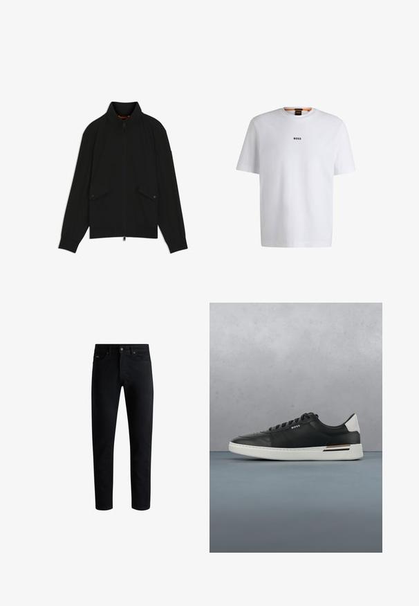Sort lynlåsjakke med opretstående krave, klaplommer med knapper, ribstrikkede ærmeafslutninger og kant, vist på hvid baggrund.; Hvid bomuld T-shirt med korte ærmer, med et sort "BOSS" logo centreret på brystet og en rund halsudskæring.; Sorte slim-fit jeans med fem lommer, knaplukning og bæltestropper, præsenteret mod en hvid baggrund.; Sort lædersneaker med hvid sål, har perforeringer, snørebåndsdesign, logo på siden og kontrasterende hældetalje i hvid og brun.
