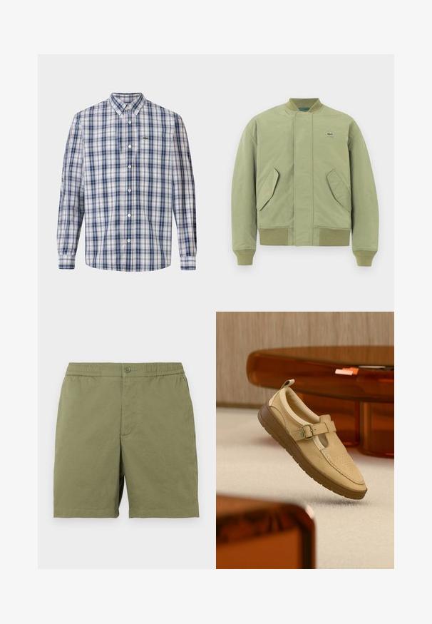 Groene bomberjack met een ribbelkraag en manchetten, twee schuin geplaatste voorzakken en een klein Lacoste-logo op de borst. Gladde stofstructuur.; Geruite overhemde in blauw en wit, met een klassieke kraag, lange mouwen en een klein geborduurd logo op de borst.; Olijfgroene shorts gemaakt van lichtgewicht stof, met een elastische tailleband en een knoopsluiting, en een eenvoudige, gladde textuur.; Beige leren instapschoen met gespsluiting en bruine rubberen zool, zwevend boven een licht tapijtvloer en in de buurt van amberkleurig doorschijnend meubilair.