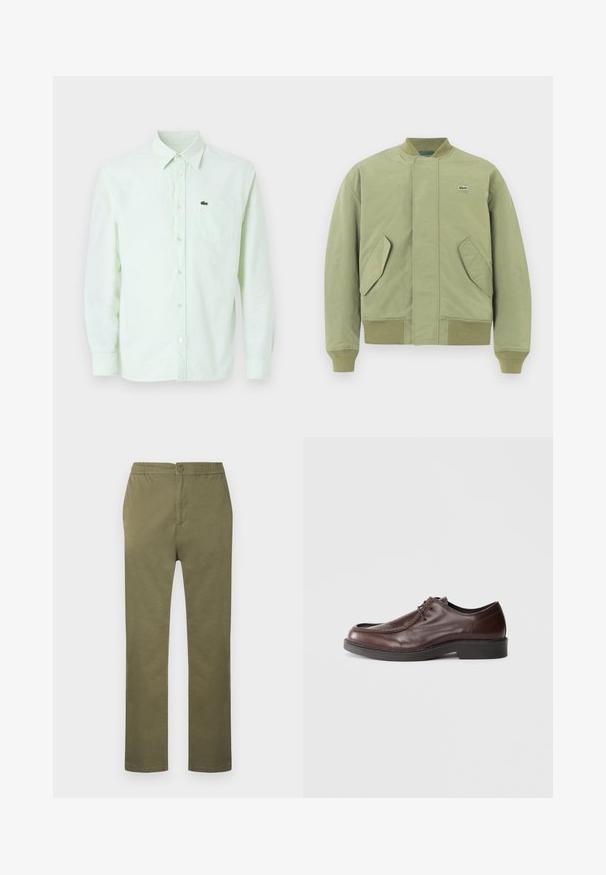 Veste bomber verte avec un col et des poignets côtelés, deux poches avant en angle et un petit logo Lacoste sur la poitrine. Texture de tissu lisse.; Chemise à manches longues à rayures vert clair et blanches, avec col et poche poitrine ornée d'un petit logo crocodile.; Pantalon en coton léger de couleur vert olive avec une taille élastiquée, une fermeture à boutons, et une coupe droite. Pas de motifs ou accents visibles.; Chaussure habillée en cuir marron avec un bout arrondi, des accents de couture minimum, et une semelle noire robuste. Présente un système de laçage et une texture lisse.
