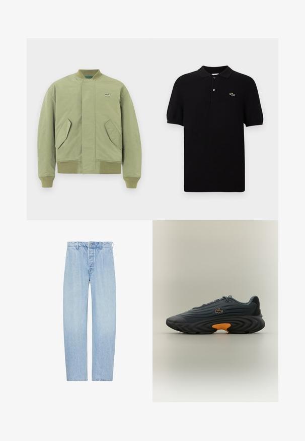 Roheline pommitaja jakk, ribaga krae ja mansetid, kaks nurga all asuvat esikotti ning väike Lacoste logo rinnal. Sile kangast tekstuur.; Must must schwarz, valmistatud kudumiskangast, klassikalise krae, kolme nupuga ja rohelise krokodilli logoga vasakul küljel. Lühikesed varrukad.; hele sinise tooniga kõrge vöökohaga sirge säärega teksapüksid, millel on nööbi- ja tõmblukuga sulgemine, vööaasad ning küljetaskud, laotatud valgele taustale.; Tumed hallid Lacoste'i tennisetossud tekstuurse pealispinnaga, silmapaistev kaarjas must tald ja erksate oranžide aktsentidega kannaosas. Sidumisega disain logoga.
