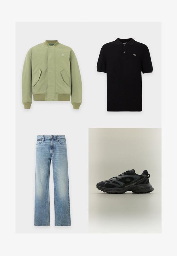 Grüne Bomberjacke mit geripptem Kragen und Bündchen, zwei schrägen Fronttaschen und einem kleinen Lacoste-Logo auf der Brust. Glatte Stoffoberfläche.; Schwarzes Poloshirt aus Strickstoff mit klassischem Kragen, drei Knöpfen und einem grünen Krokodil-Logo auf der linken Seite. Mit kurzen Ärmeln.; Hellblaue Jeans mit geradem Bein, hohem Bund, fünf Taschen, Knopfverschluss und dezentem Verblassen an Oberschenkeln und Knien.; Schwarzer Sportschuh mit Netz панели, einer strukturierten Sohle, Schnürsenkeln und einer geschwungenen Silhouette mit silbernen Akzenten an den Seiten.