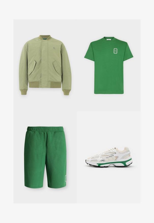 Veste bomber verte avec un col et des poignets côtelés, deux poches avant en angle et un petit logo Lacoste sur la poitrine. Texture de tissu lisse.; T-shirt vert à manches courtes avec un petit graphique rectangulaire blanc en contour représentant un court de tennis sur la partie supérieure gauche de la poitrine.; Shorts décontractés verts avec taille élastique et petit logo blanc près du bas de la jambe gauche sur un fond uni.; Sneaker blanc avec accents verts et semelle en caoutchouc noir. Comprend des panneaux en mesh et en synthétique, avec une finition texturée et des coutures visibles.