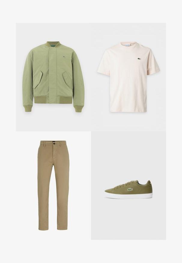 Grøn bomberjakke med ribbet krave og manchetter, to skrå forlommer og et lille Lacoste-logo på brystet. Glat stofstruktur.; Enkel lys beige T-shirt med korte ærmer, rund halsudskæring og lille grønt krokodillelogo på venstre bryst.; Beige bomulds chinos med slim-fit, flad front og knaplukning. Har bæltestropper og sidelommer for funktionalitet.; Olivengrønne sneakers i glat materiale, hvid gummisål og det karakteristiske Lacoste krokodillelogo broderet på siden.