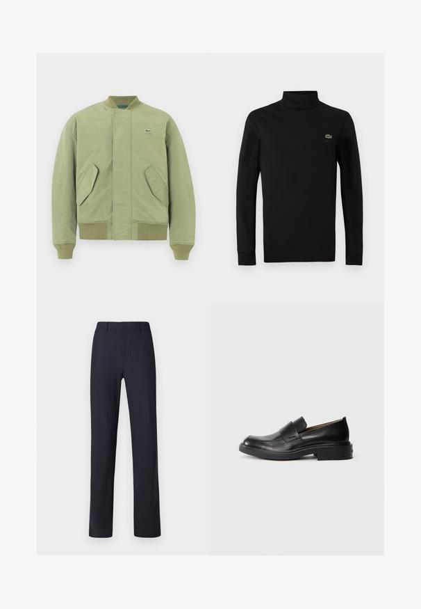 Veste bomber verte avec un col et des poignets côtelés, deux poches avant en angle et un petit logo Lacoste sur la poitrine. Texture de tissu lisse.; Pull à col montant noir à manches longues en coton lisse, avec un petit logo crocodile vert sur la poitrine gauche.; Pantalons bleu marine en tissu lisse, avec une fermeture à bouton sur le devant, une taille classique et une coupe droite.; Chaussure habillée noire en cuir, à enfiler, avec un petit talon et un logo Calvin Klein discret sur le côté, présentée de profil sur un fond blanc.
