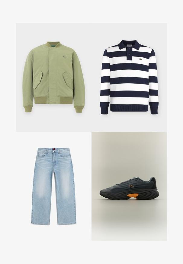 Grüne Bomberjacke mit geripptem Kragen und Bündchen, zwei schrägen Fronttaschen und einem kleinen Lacoste-Logo auf der Brust. Glatte Stoffoberfläche.; Marineblau-weiß horizontal gestreiftes Polohemd mit langen Ärmeln, gerippten Bündchen, geknöpftem Kragen und kleinem Krokodil-Logo auf der Brust.; Hellblaue Jeans mit weitem Bein, fünf Taschen, Knopf- und Reißverschluss sowie dezenten, verwaschenen Details an den vorderen Oberschenkeln.; Lacoste Sneakers in Dunkelgrau mit strukturiertem Obermaterial, hervorgehobener gebogener schwarzer Sohle und leuchtend orangefarbenem Akzent an der Ferse. Schnürdesign mit Logo.