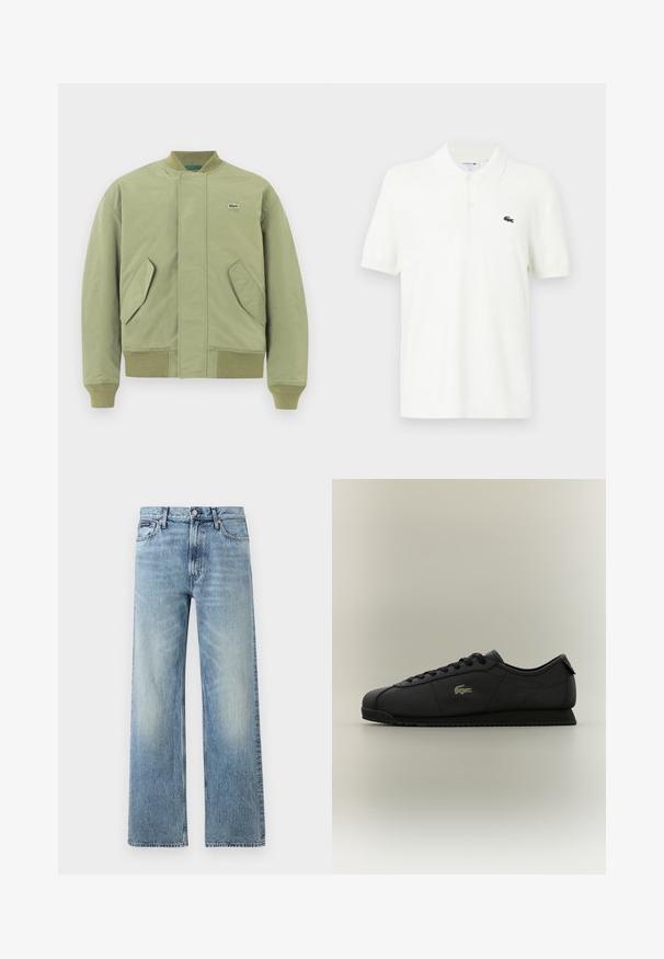 Roheline pommitaja jakk, ribaga krae ja mansetid, kaks nurga all asuvat esikotti ning väike Lacoste logo rinnal. Sile kangast tekstuur.; Valge polo särk, mis on valmistatud siledast puuvillast, klassikalise kraega, kolme nupuga kinnitusega ja väikese rohelise krokodillilogo'ga rinnal.; Hele sinise värviga sirge säärega teksapüksid kõrge vöökohaga, viie taskuga, nööpidega kinnitatavad ja õrnade plekidega reite ja põlvede piirkonnas.; Madalprofiilne must toss, millel on ees paelad, tekstureeritud tald ja väike krokodillilogoga külg, eksponeeritud ühevärvilisel taustal.
