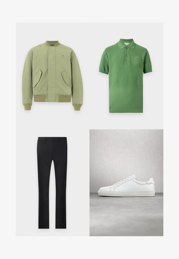 Chaqueta bomber verde con cuello y puños acanalados, dos bolsillos frontales en ángulo y un pequeño logo de Lacoste en el pecho. Textura de tela suave.; Polo verde de manga corta con cuello, dos botones y un pequeño logo bordado de cocodrilo en el pecho.; Pantalones negros con diseño de pierna recta, confeccionados en una tela suave. Presenta bolsillos frontales, cierre de botón y trabillas para cinturón.; Zapatilla blanca con parte superior de cuero liso y perfil bajo. Presenta una puntera redondeada, seis ojales y una suela de goma texturizada.